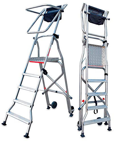 Faraone - Escalera con Plataforma PL5-254x72x37cm - Escalera 5 Peldaños - Escalera Plegable de Aluminio - Uso Profesional - Fácil de Transportar - Uso en Industrias y Grandes Superficies
