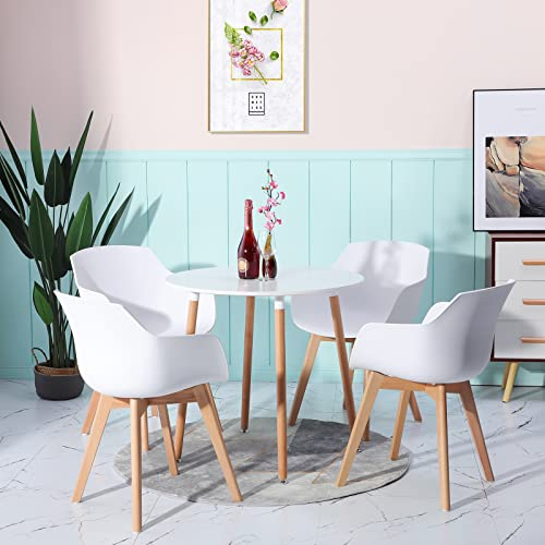 H.J WeDoo Esstisch mit 4 Stühlen Runder Esstisch Retro Design Küchentisch und Moderner Stuhl für Esszimmer Küche Wohnzimmer, Weiß