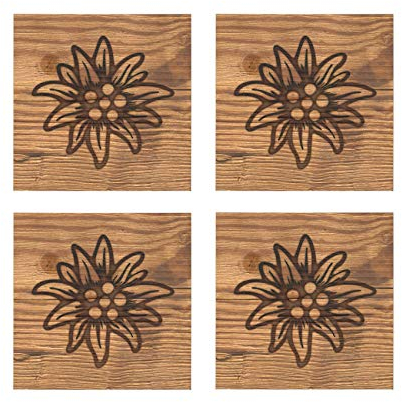 SUN WOOD Wandbild HEIMAT EDELWEISS im Altholz Landhaus Stil - 4er Set Wanddeko - quadratische Holz Wandelemente