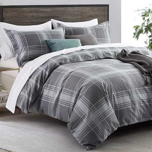 Imperial Rooms Double Duvet Set 200x200cm – 3 Piece Brushed Microfiber Bedding & Quilt Cover Set with 2 Pillowcases, Grey Check, Hypoallergenic, Breathable