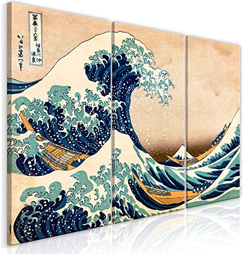 B&D XXL - Wandbilder XXL die große Welle vor Kanagawa Vlies Leinwandbild 3 Teilig Kunstdruck Wandbilder Wanddekoration Design Wand Bild Leinwand Wohnzimmer Moderne - Katsushika Hokusai p-B-0009-b-e