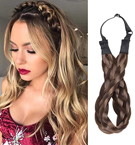 Silk-co Damen Haarband 5 Stränge Braun Highlights, Kunsthaar geflochtenes Stirnband, elastisches Haarband für Damen und Mädchen Hochzeit Vintage, mit Haargummi Haarteil Braids Extensions 3.8cm breit