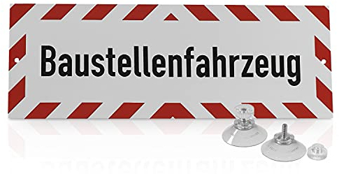 Betriebsausstattung24 Hinweisschild „Baustellenfahrzeug“ - Aluminiumverbundplatte mit 2 Saugnäpfen Größe (BxH): 29,7 x 10,5 cm - Baustellenfahrzeug - Autoschild - Hinweisschild Kraftfahrzeuge - KFZ