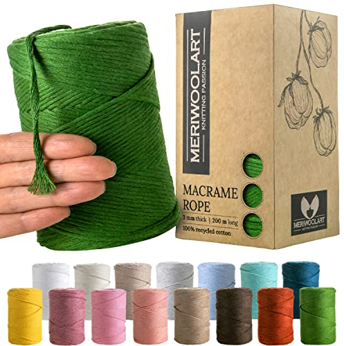 MeriWoolArt® Makramee Garn Grün - Makramee Garn 3mm farbig 200m - Super weiches Garn, einfach gedrehte Makramee Schnur - Öko-Tex 100% recyceltes Baumwollgarn farbig - DIY Boho Deko Makramee