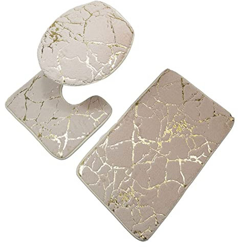Bodhi2000 3 Stück/Set rutschfeste Toilettenvorleger, schnell trocknend, Polyester-Marmor, WC-Deckelbezug, Badezimmerteppich für Beige