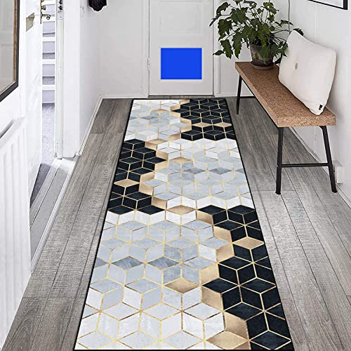 Teppich Läufer flur rutschfest Meterware 80×400cm Geometrische Weiße Golden Raute 3D Modernes Einfach Bild Küchenläufer Flurläufer Lang Polyester Teppichläufer, für Korridor Schlafzimmer Wohnzimmer