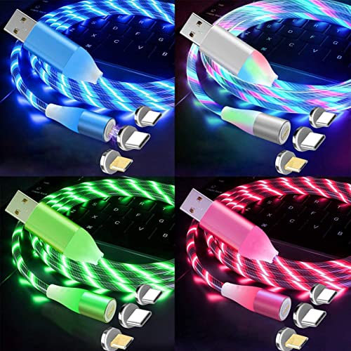Vnnigmn Câble de Charge Magnétique USB 3 en 1 LED Câble de Chargeur Rapide 3A Transfert de Données Compatible avec Android, iOS, Micro USB, Type C/USB C, 4PCS