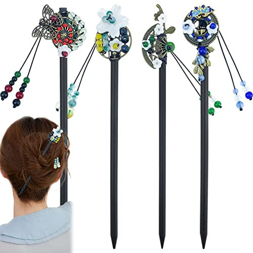 Lot de 4 baguettes à cheveux chinoises japonaises rétro en bois avec papillon et fleur - Pour cheveux longs - Pour femme
