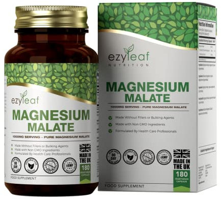 Ezyleaf Magnesium Malat | 1000mg Magnesium Malate pro Portion – 180 Kapseln Magnesiummalat | Vegan und ohne Füllstoffe | Mag Komplex | Gentechnik-, Gluten- & Allergenfrei | Hergestellt in GB