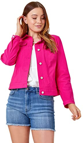 Roman Originals Stretch Jacket for Women UK - Ladies Denim Jean Summer Coat Bengaline Casual Smart Utility Trucker Biker Fitted Classic Work Spring Soft Vintage - Size 20 - Pink