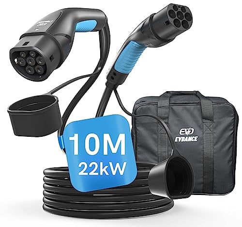 EVDANCE Typ 2 Ladekabel für EV, 22kW 32A 10m 3-Phasen Elektroauto-Ladekabel mit Tasche, Typ 2 zu Typ 2 EV/PHEV Ladekabel Auto, IP65 Wasserdicht (IEC 62196-2)