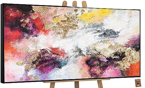 YS-Art Abstrakt Acryl Gemälde auf Leinwand Heller Garten handgemalt Wandbilder Wohnzimmer modern Wohndekor Bilder Büro Kinderzimmer bunt echte Kunst mit Rahmen 200x100 cm