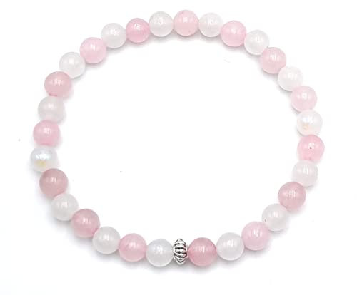 Bracelet Douceur et Féminité Pierre de lune, Quartz rose en Pierres Naturelles et 1 entretoise argentée | Taille personnalisée de 12 à 22 cm au choix | Perles rondes 6 mm | Création Artisanale