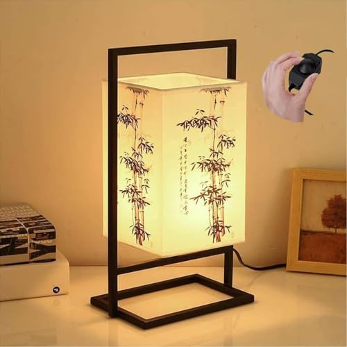 RIAMTGCX Japanische Schlafzimmer-Nachttischlampe, industrielle Schreibtischlampe mit schwarzem Metallrahmen, quadratische Stoffschirm-Tischlampe, für Schlafzimmer (dimmbarer Schalter, Bambusbaum)