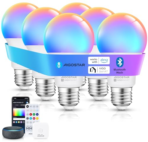 Aigostar Mesh - 9W Alexa Glühbirne Bluetooth Mesh A60, Smarte Glühbirne Funktioniert mit Alexa, Smart Bulb E27 LED 806LM RGB & 2700K-6500K, 6 Stücke (mit Bluetooth-Fernbedienung und Gateway)
