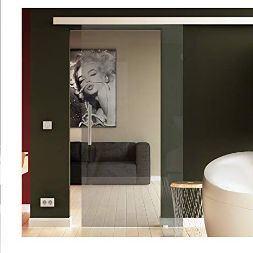 SoftClose Glasschiebetür Made in Germany 205x77,5 cm (HxB) Klarglas Sadora® SlimLine-System komplett Laufschiene und Stangengriff beidseitig, ESG-Sicherheitsglas aus Deutschland.