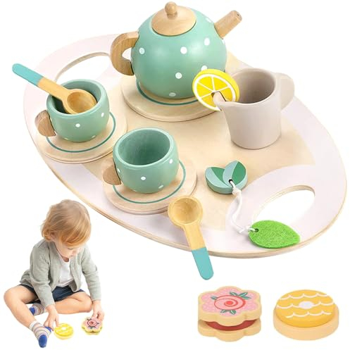 Abiemuce Set Da Tè di Legno per Bambini, Accessori Cucina Giochi, Gioco di Ruolo, Servizio Da Tè per Bambini Dai 3 Anni in Su