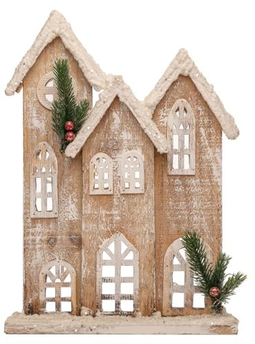 SHATCHI 35cm Battery Powered Warm White LEDs Wooden House Rustic Snow Covered Cottage Village Indoor Christmas Decorations