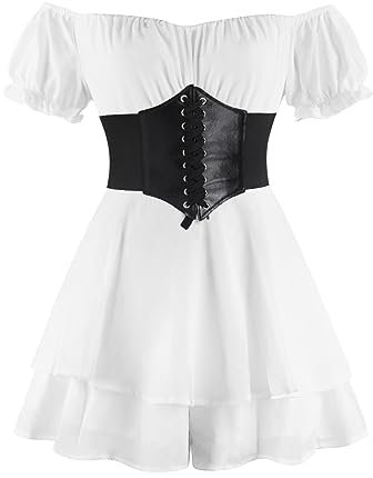 Odizli Disfraz de pirata para mujer, corsé pirata, disfraz de pirata, vestido medieval vikingo, renacentista, ropa victoriana, vestido corto, mono para carnaval, disfraz de carnaval, color blanco-B S