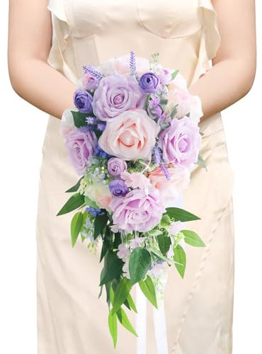 Roahosy Cascading Bridal Bouquet, Artificial Purple Roses Flowers Lilac Wedding Bouquet Waterfall Bride Bouquets for Wedding Ceremony Anniversary Bridal Shower