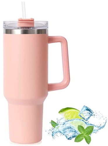 JFABL 40 oz Tumbler with Handle and Straw Lid, Stainless Steel Vacuum Insulated Travel Coffee Mug Cup, Double Wall Metal Water Bottle Keeps Maintains Cold Heat and Ice for Hours,1182ml (Pink)