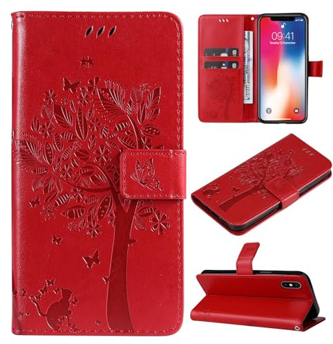 VEEMOS Handyhülle für Apple iPhone X/iPhone XS Hülle Klappbar Katze-Baum mit Kartenfach Klapphülle Schutzhülle Handy Tasche Leder Book Flip Case Cover Handytasche Damen - Rot
