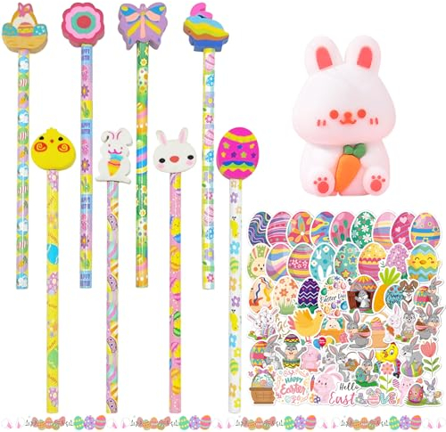 SANLIUSANJIU 67 Pcs Ostern HB Bleistifte Set, (8 Stück Bleistifte Stifte Ostern+8 Stück Radiergummis+50 Blätter Aufkleber+1 Stück Hasen Bleistiftspitzer) Ostern Geschenk Kinder Mitgebsel