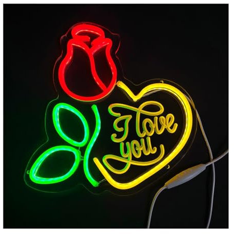 Valentine's Day Rose Neon Light|Creative Stylish Wall Art Floral Lamp|Usb-Powered Party Decor Light Up Neon Signs,I Love You-30x30cm(11.8x11.8in)