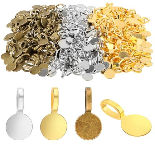 salbsever 150 Pcs Bails for Jewelry Making Glue on Bails Pendants Pendant Connector Round Glue-on Flat Pad Bails Pendants Charms Bails for Necklace Bracelet Jewelry Making Golden Silver Bronze