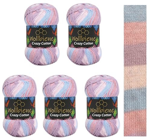 5 x 100g Wollbiene Crazy Cotton Batik 500 Gramm mit Farbverlauf 55% Baumwolle mehrfarbig Multicolor Strickwolle Häkelwolle Wolle Ganzjahreswolle (7000 hellblau rosa flieder)