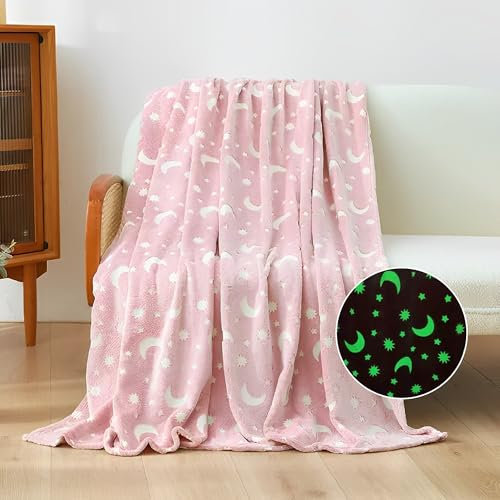 LAT Kuscheldecke für Kinder, Decke Leuchtend Im Dunkeln Kuscheldecke Geschenke Jungs Kinder, üBerwurfdecke Fleecedecke (Mond)