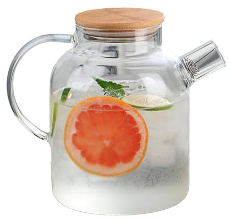 Tissting Water Pitcher 0.47 Gallon Glass Jug Clear Fridge Bottle with Lid and Wooden Handle, Juice Carafe for Iced Tea, Cold Water