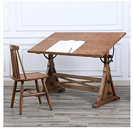 CAFIEDR Zeichentisch aus weißem Wachsholz im Vintage-Stil mit Stuhl, um 360 ° umklappbare Zeichen- und Skizzenlese-Workstation, einfach zusammenzubauen