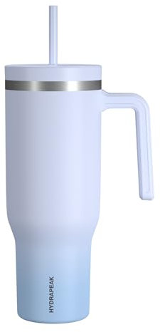 Hydrapeak Voyager - Vaso de acero inoxidable de 40 onzas con asa, botella de agua aislada con popote y tapa, apta para portavasos, taza de viaje reutilizable (ICED-OMBRE-Polar)
