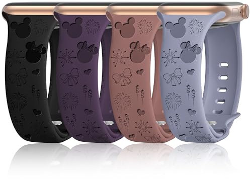 Paquete de 4 correas grabadas de dibujos animados compatibles con Apple Watch Band de 40 mm, 41 mm, 38 mm, 42 mm, 44 mm, 45 mm, 49 mm, correa de silicona suave para iWatch Series SE 9, 8, 7, 6, 5, 4,