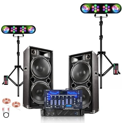 IBIZA - 2 x Lautsprecher 2 x 1000 W Ibiza STAR210 – Verstärker 2 x 800 W – Mischpult DJM102-BT – 2 Lichtständer DJ Mooving LEDBAR-Astro-RC