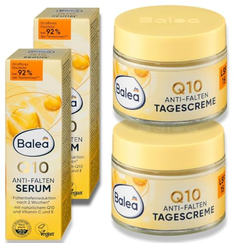 4er Pack: 2 x Balea Serum Q10 Anti-Falten, 30 ml, 2 x Balea Anti Falten Gesichtscreme Q10 LSF 15, 50 ml