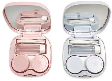 AIGOUT 2 PCS Travel Contact Lens Case with Mirror,Portable Travel Contact Lens Kit,Mini Contact Lens Holder Box with Tweezers & Suction Stick Blue Pink