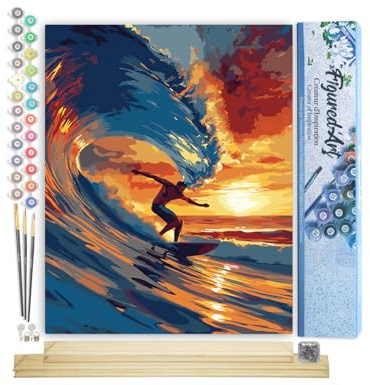 Figured'Art Peinture par Numéro Adulte avec Cadre Surf sur grande vague - Activité Manuelle Kit de Loisir Créatif DIY Numéro d'Art Complet - 40x50cm avec châssis en bois à monter
