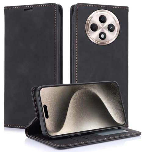 KQXG Case for Oppo Reno 12 FS/Reno 12F 5G - Premium Synthetic Leather Wallet Cover, Silicone Interior, Magnetic Flip, Card Slots, Foldable Kickstand, Shockproof Design -Black