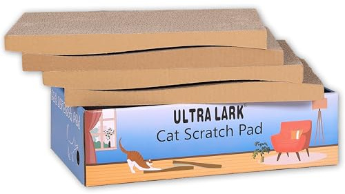 ULTRALARK ¡Kit 4 en 1 Premium! Caja Rascadora para Gatos (42x28cm) + 4 Almohadillas Reversibles + Cama de Cartón Corrugado - Recambio para Rascador Interior (Color Marrón, Incluye 4 Unidades)