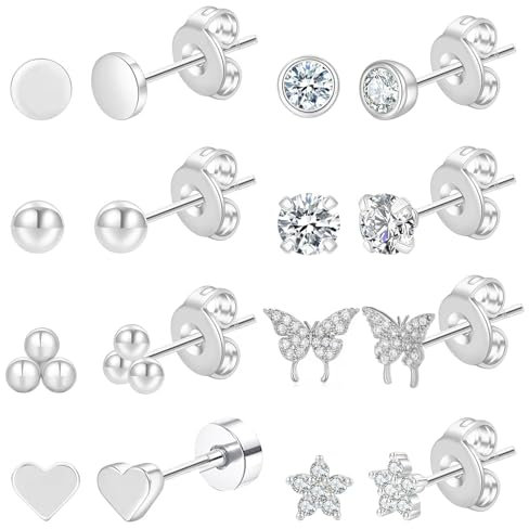 8 Paar Silber Ohrstecker für Frauen, Edelstahl Ohrstecker Set, Cubic Zirconia Ohrsteckers, kleine Ohrsteckers für Mädchen Teenager Frauen