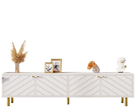 infirack Meuble TV blanc, poignées et pieds en métal doré, meuble TV avec quatre portes, adapté à différents styles de décoration