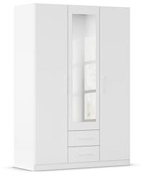 Rauch Möbel Belfast Armoire Chambre, penderie, vestiaire, Armoire de Rangement, 3 Portes, avec Miroir, 2 tiroirs, Couleur Blanc, poignée à Barre Blanche, 136x197x54cm