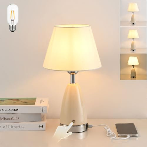 JHYPVII Akku Keramik Tischlampe Weiß Stoff Lampenschirm, E27 Touch Dimmbar Tischleuchte für Nachttisch, Boho Kabellos Keramik Lampe mit USB A+C Aufladbar, für Schlafzimmer Wohnzimmer Beistelltisch