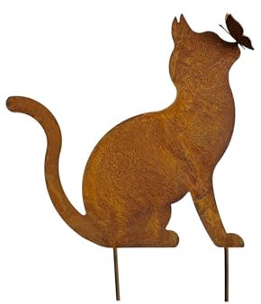 Bornhöft Gartendeko Gartenstecker Katze mit Schmetterling, Edelrost Rost-Optik Metallfigur, Gartenskulptur rostige Deko aus Metall Beetstecker Wetterfest