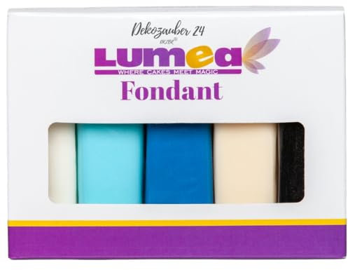 Dekozauber24 Fondant icing multipack, 5 colours, 100g (3.5oz) rolled fondant per colour, for cakes, cupcakes and figurines in white, black, cream, light blue and dark blue, gluten free