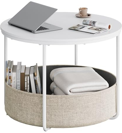 WLIVE Coffee Table, Round Table with Fabric Storage Basket, Small Coffee Table, Sofa Table for Living Room, Bedside Table with Metal Frame for Bedroom, Nursery, White