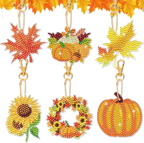 HOWAF 6 Stück Diamond Painting Herbst Deko, Herbstblätter Kürbis Diamant Painting Schlüsselanhänger Anhänger Malerei DIY Kit für Basteln Herbst Kinder Erwachsene Geschenke Herbstdeko