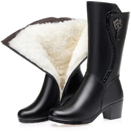 Glamidea Stivali da Neve Neri da Donna con Tacco a Blocco Mezza Gamba Caldi e Foderati Invernali Eleganti con Cerniera Impermeabili e Antiscivolo Casual Comodi